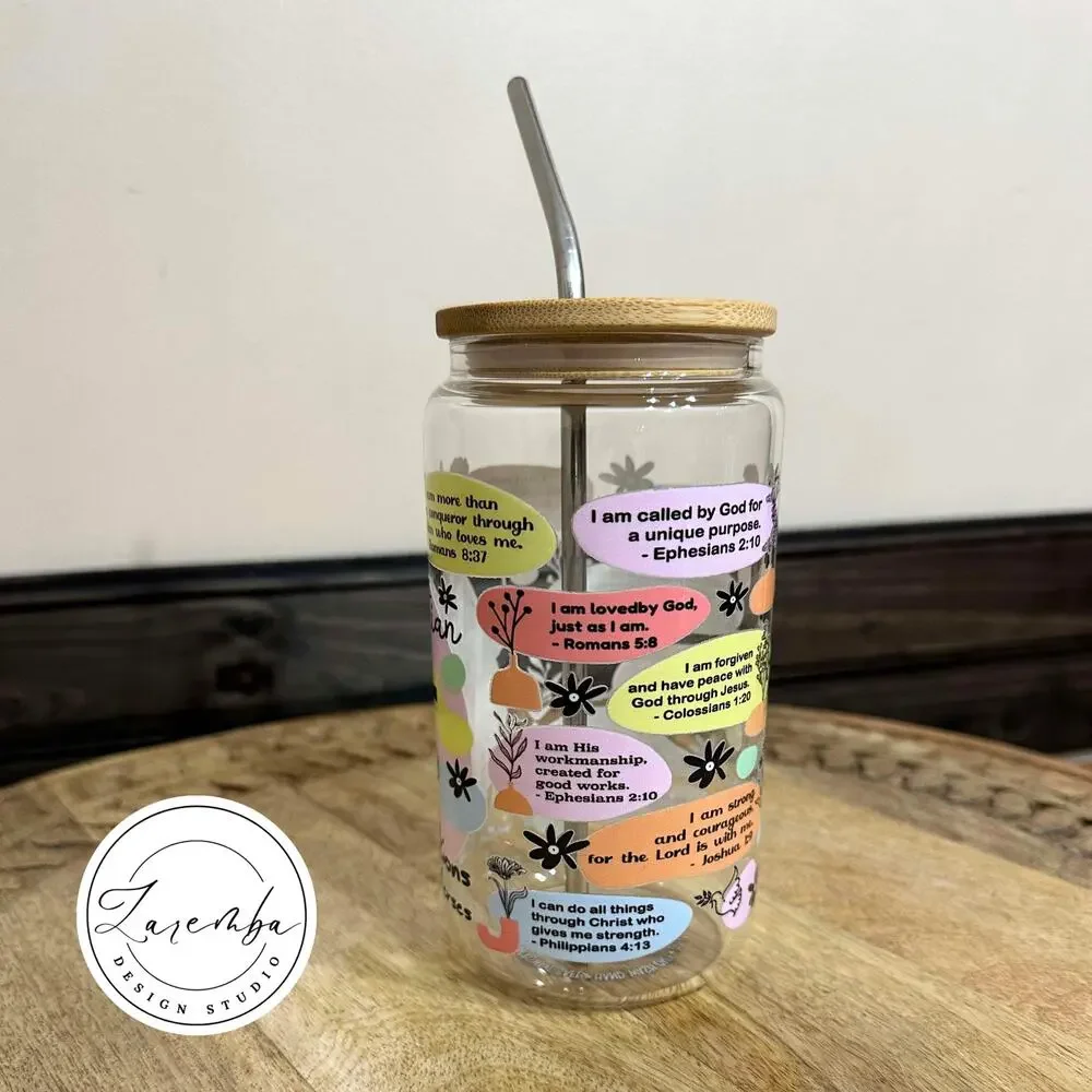 Christian Affirmations with Bible Verses Libbey Cup, Religious Beer Can Glass